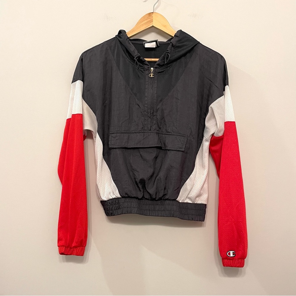 Champion Colorblock black red white Windbreaker 1/2 zip hoodie Women’s size XS